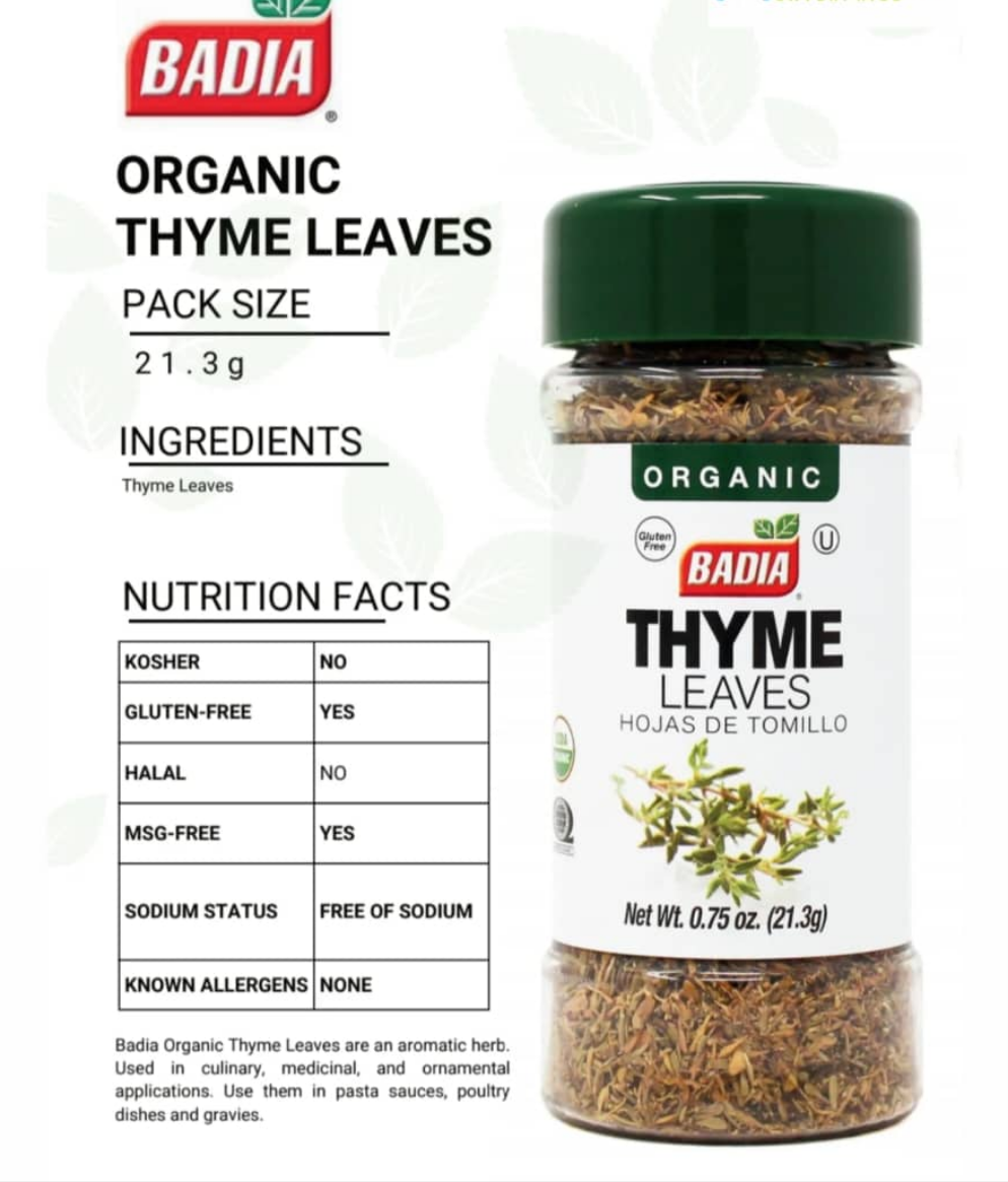 Badia OrganicThyme Leaves 8/0.75oz (21.3g)