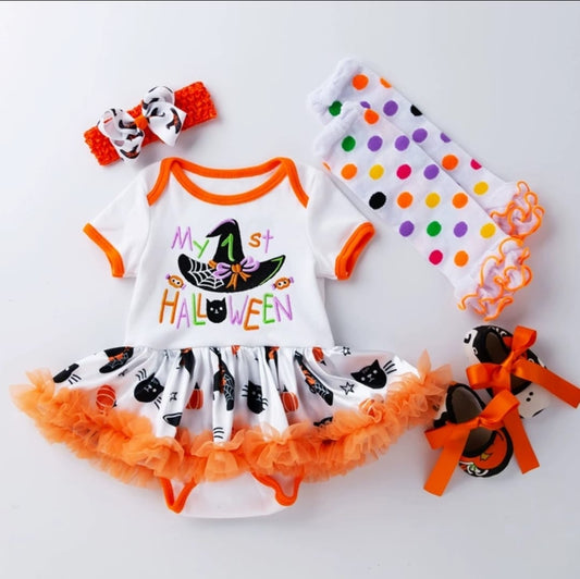 4pcs Photo shoot set (Gown, Socks, Shoe & Headband) - Orange